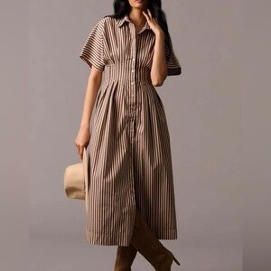 Anthropologie Exquise Tobie Striped Button Down Dress Brown Motif